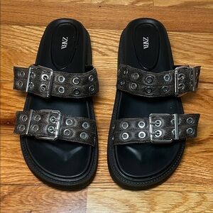 Zara Black Sandal Slides with Metallic Silver Buckles